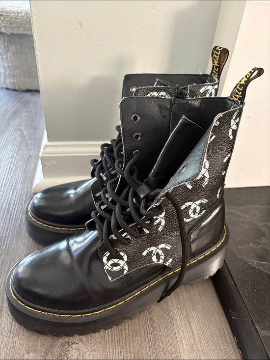 Doc Martens Shoes - Dr. Martens Black Lace-Up Platform Kids Boots with White Logo Print